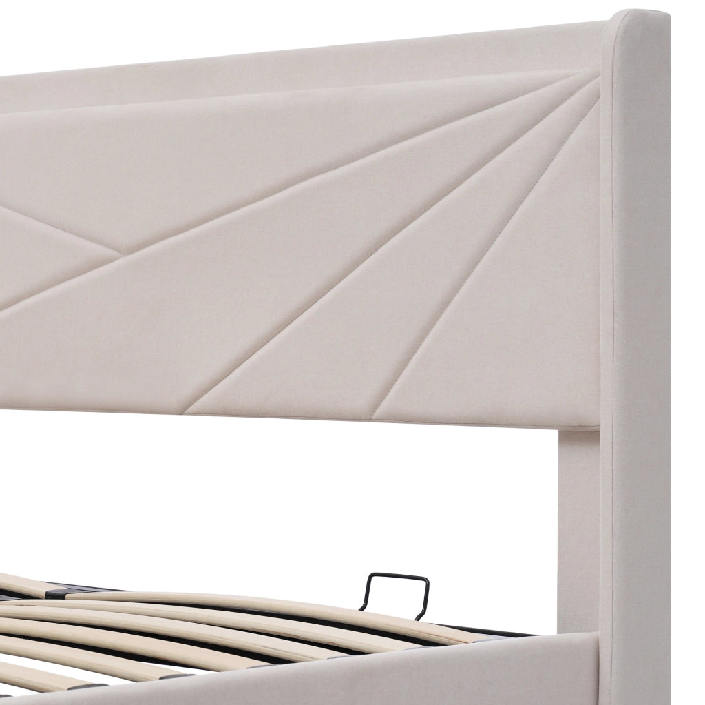 Letto matrimoniale contenitore 160x200 cm in cotone e lino beige con USB e Tipo C