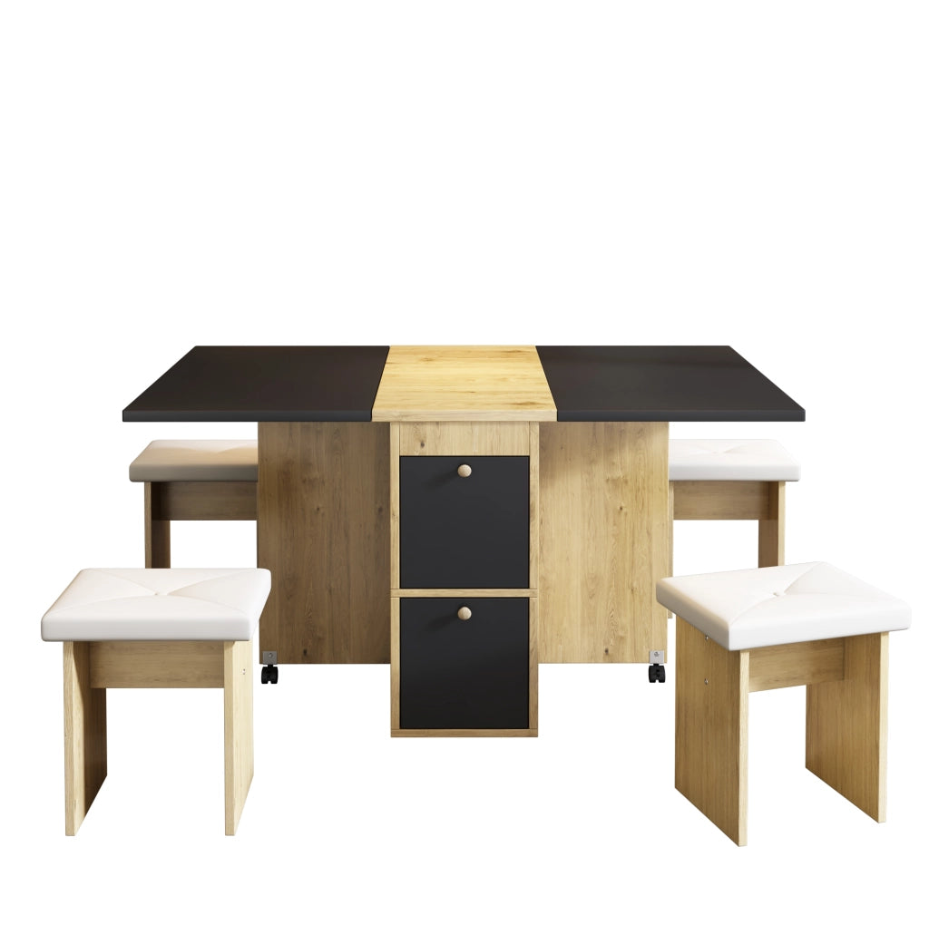 Set tavolo da pranzo pieghevole e rientrante con 4 sedie; bianco e nero