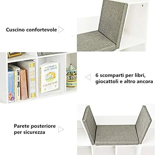 Scaffale per Libri, Libreria Panca in Legno con Cuscini per Bambini (BIanco)