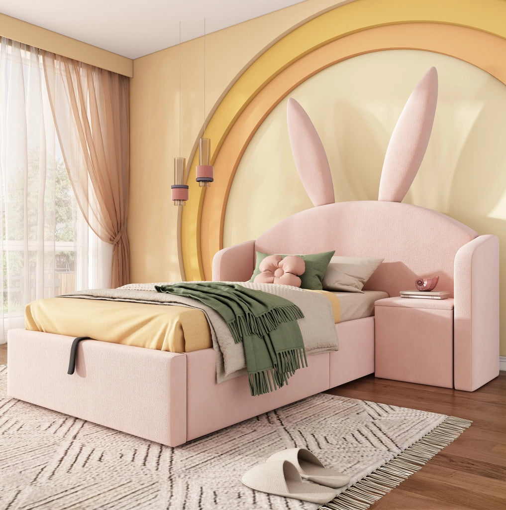 LETTO 90x190 cm in Velluto Rosa con Comodino e Contenitore