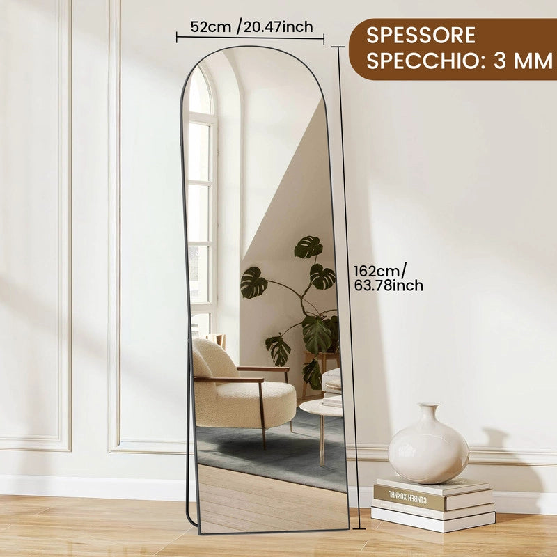 Specchio a figura intera 162 x 52 cm, specchio ad arco , specchio da terra con supporto, specchio ad arco nero a figura intera
