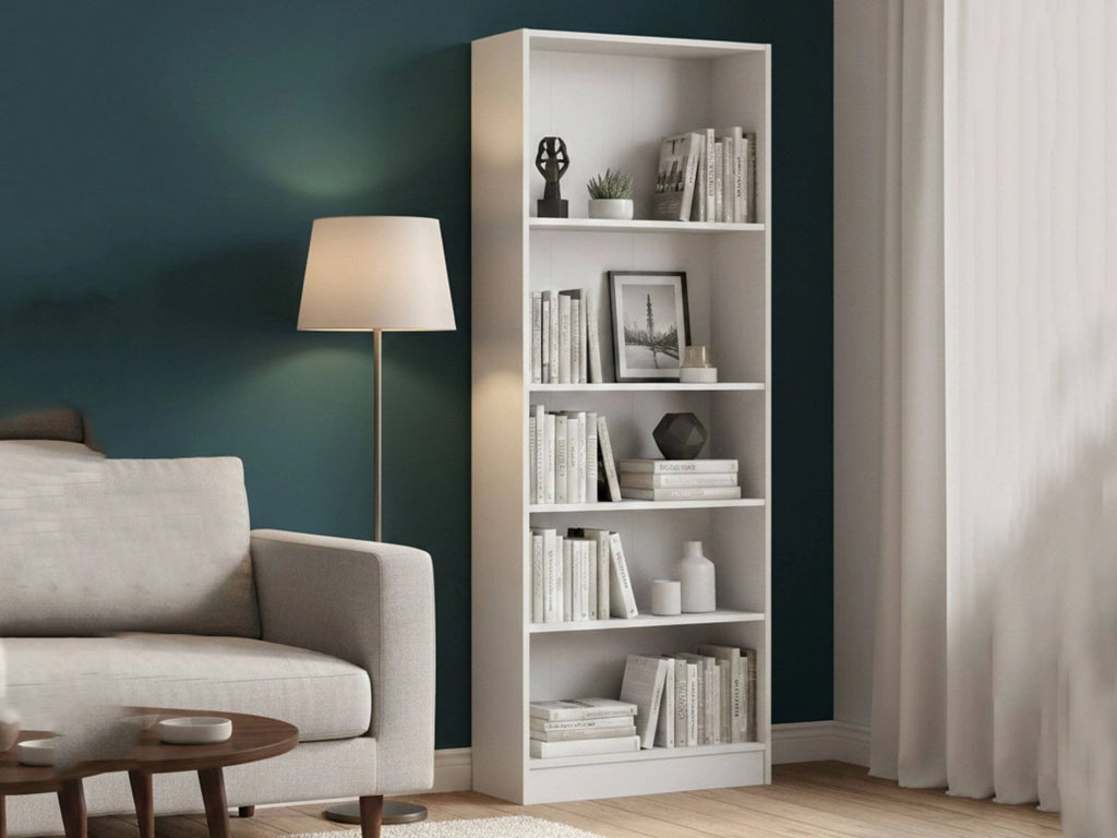 Libreria a cinque Abelarda, colore bianco, cm 79 x 107 x 27