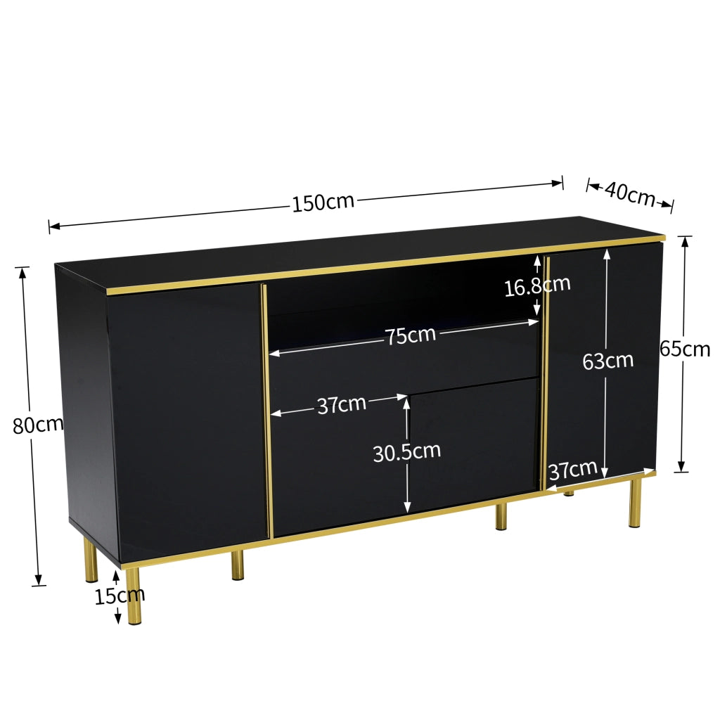 Sideboard nero lucido con LED; 150x40x80 cm; in MDF e truciolare