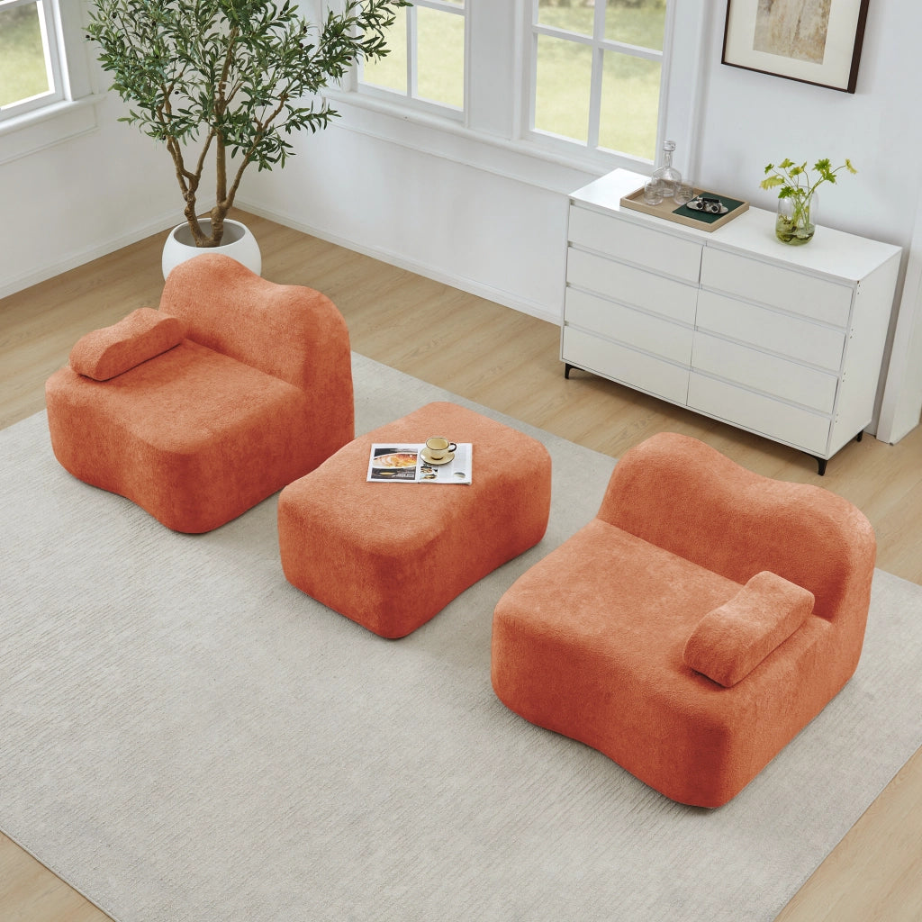 Divano modulare angolare 2 posti con pouf; forma ondulata e cuscino bracciolo mobile; velluto arancione