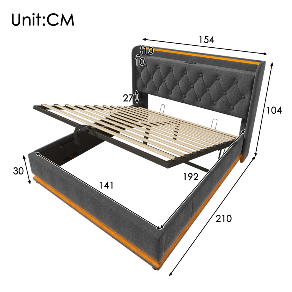Letto imbottito grigio 140x190 cm con contenitore e illuminazione LED