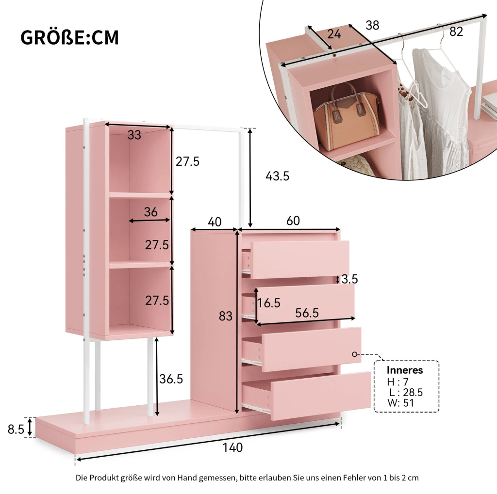 Armadio con cassetti e barra appendiabiti 140x40x135 cm rosa e bianco