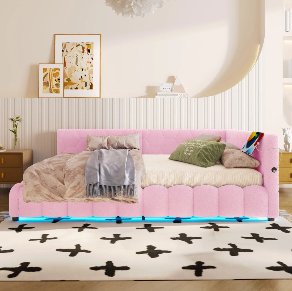 Letto daybed 140x200 cm con contenitore, LED, USB e Type-C, rosa
