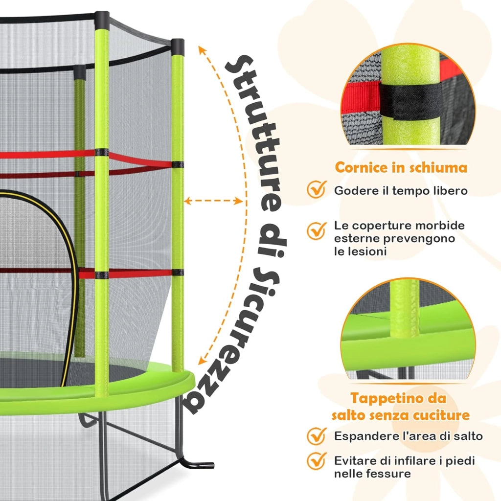 Trampolino Elastico Bambino in Acciaio, Tappeto Elastico Bambini da Esterno e da Interno, con Rete e Cusicnetti Antiscivolo（Verde)