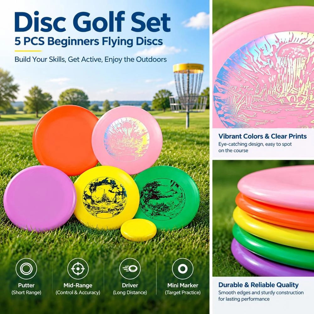 Disc Golf Starter Set 5 Pack With Driver Mid Range Putter And Mini Marker For Improved Throw Control Outdoor Training On Lawn Beach Park Camping Travel For Adults Teens Beginners