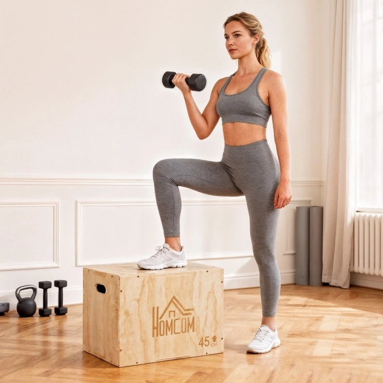 Plyo box ULEVR in legno di faggio 45x40x60 cm, piattaforma pliometrica reversibile con 3 altezze e maniglie
