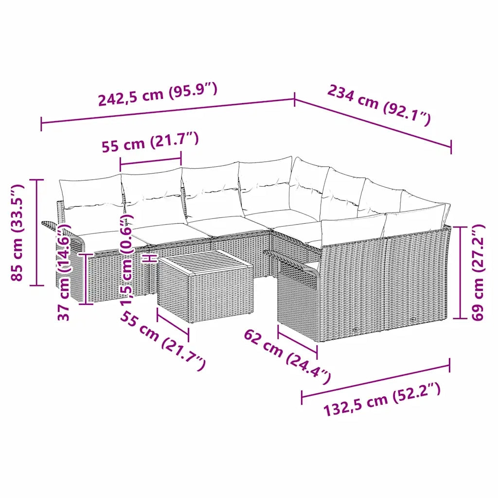 Set Divano da Giardino con cuscino 9 pcs Beige polyrattan 3347308