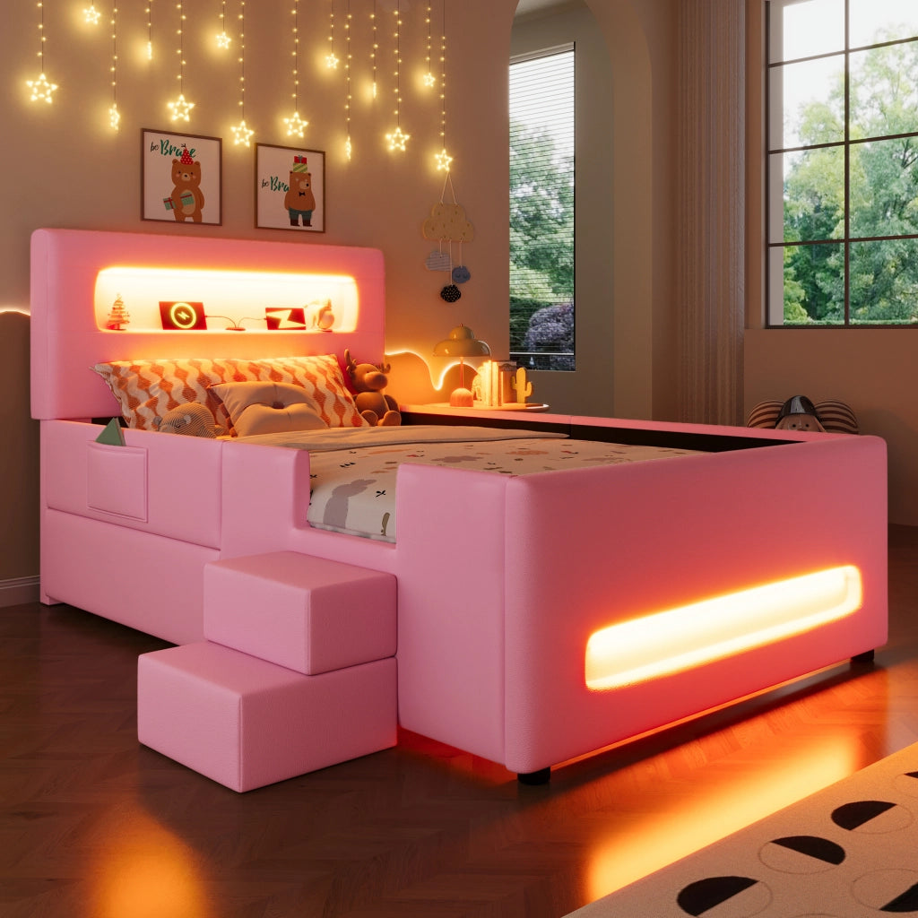 Letto con cassetti 90 × 200 cm imbottito con scala e LED in PU e MDF rosa