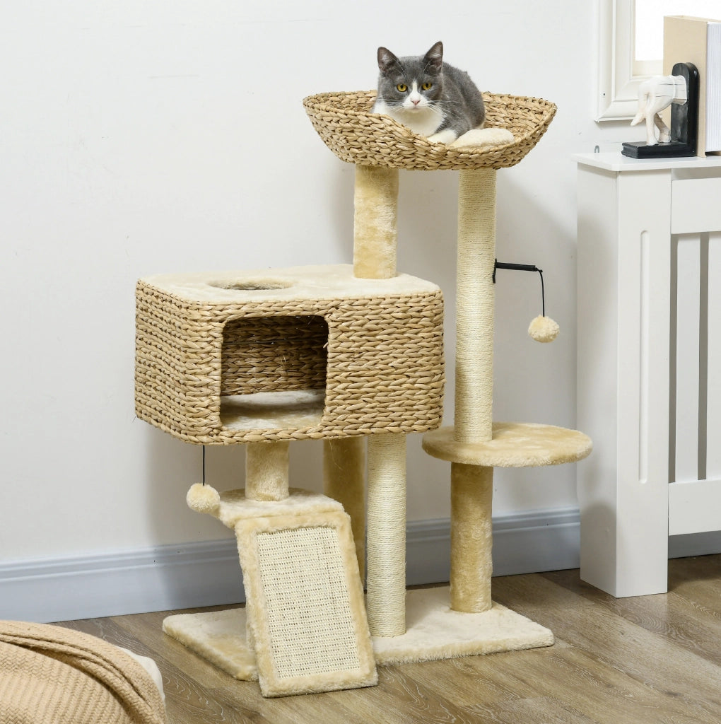 Albero tiragraffi 60x40x98 cm beige in truciolare e sisal con nicchia