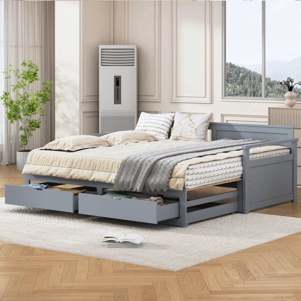 Letto estraibile singolo 90×190 cm e matrimoniale 180×190 cm con cassetti, senza materasso, legno, grigio