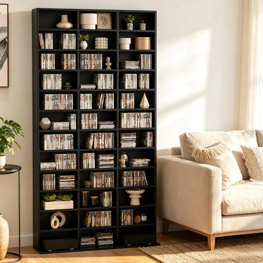 Scaffale Stand per Media in MDF Nero, Capiente per CD e DVD, 102x23,5x195 cm