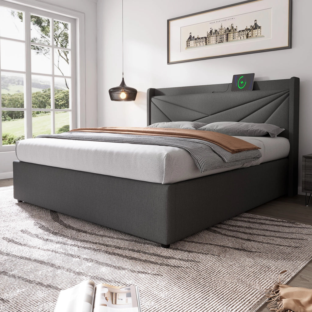 Letto matrimoniale contenitore 180x200 grigio con testiera USB e Tipo C