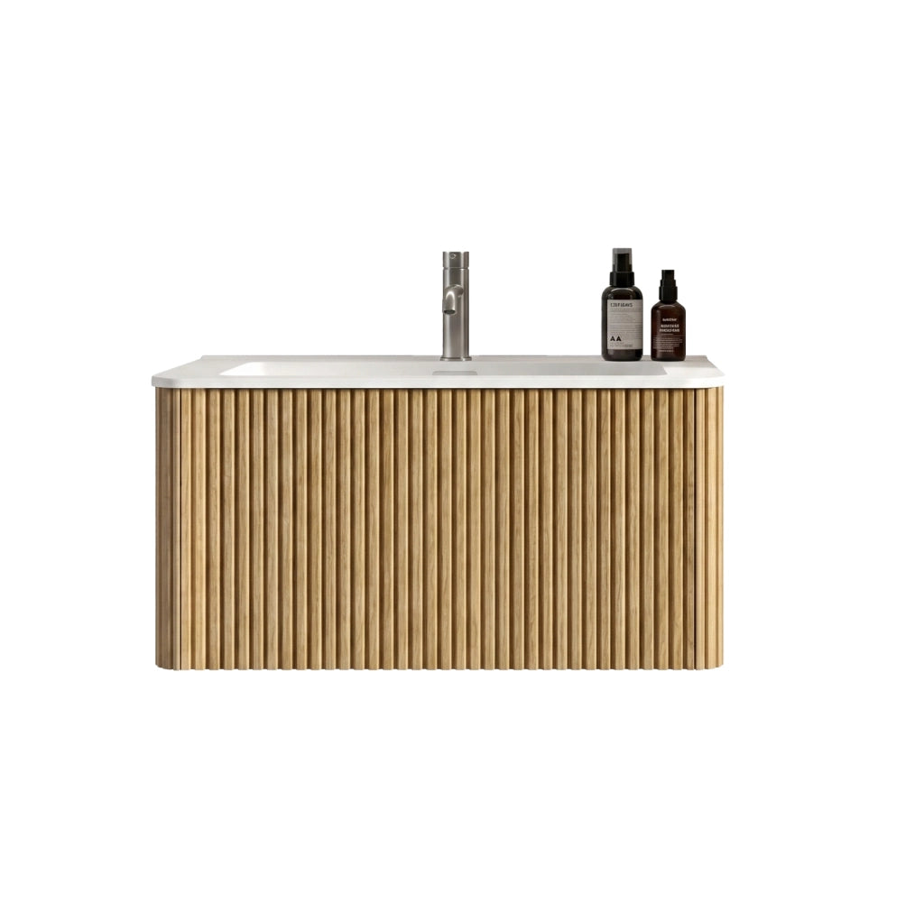 Mobile sottolavabo 80 cm con lavabo in Solid Surface, MDF e compensato rovere