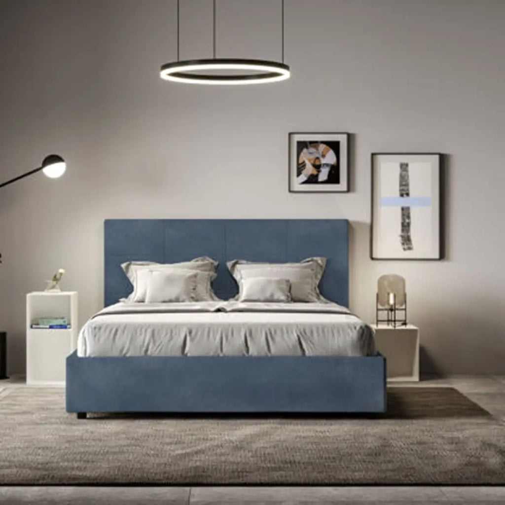 Letto matrimoniale senza rete imbottito 160x200 microfibra blu Mika