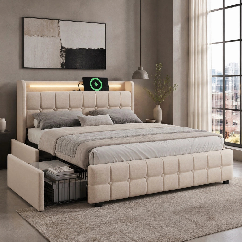 Letto con cassetti 180 × 200 cm con 4 cassetti LED prese USB e testiera imbottita beige