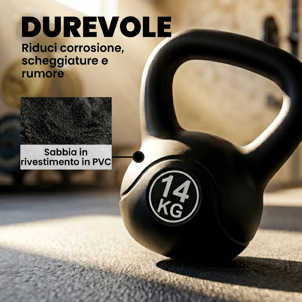 Kettlebell 14kg con Base Piatta e Impugnatura in Plastica e Sabbia Nero