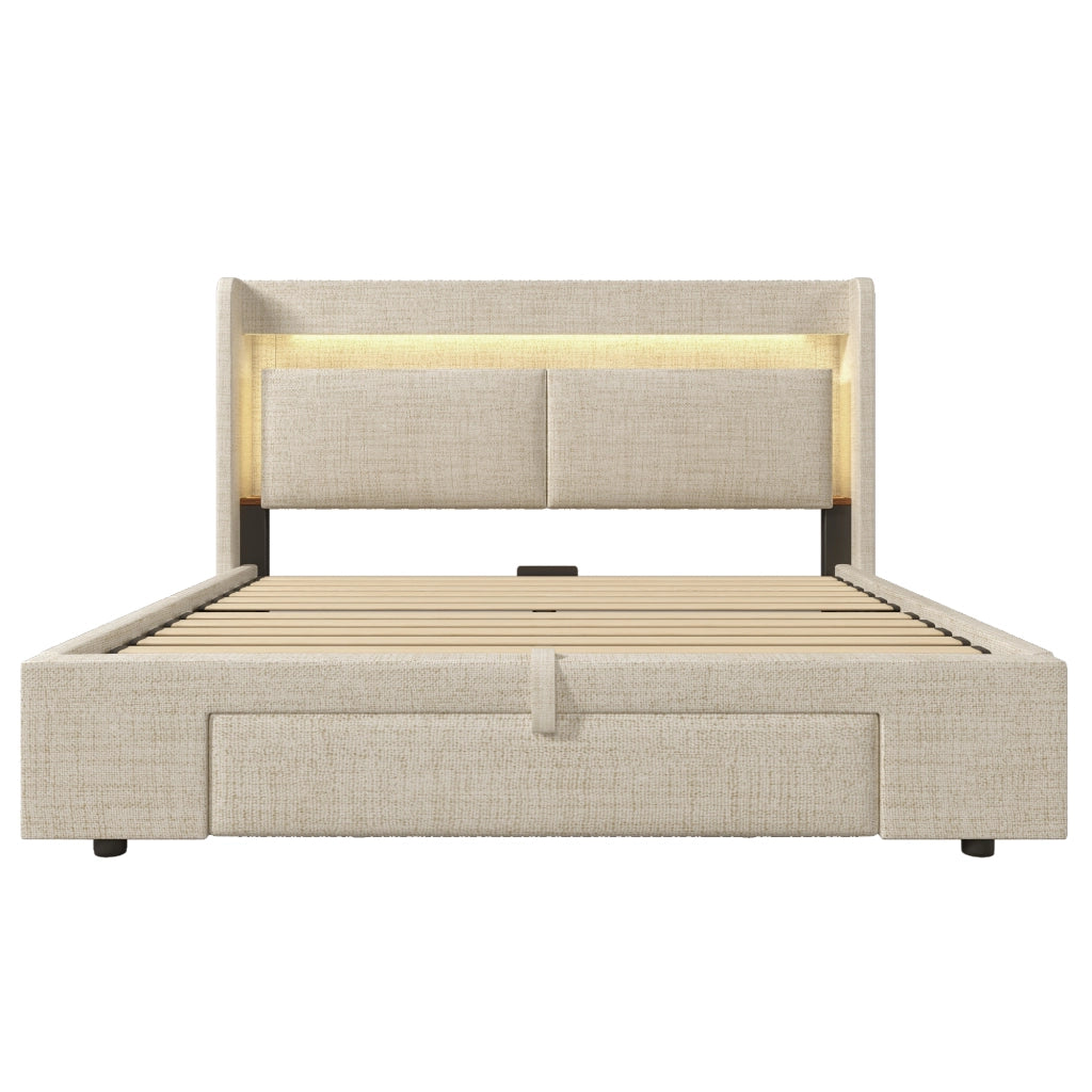 Letto imbottito beige 160x200 cm con contenitore
