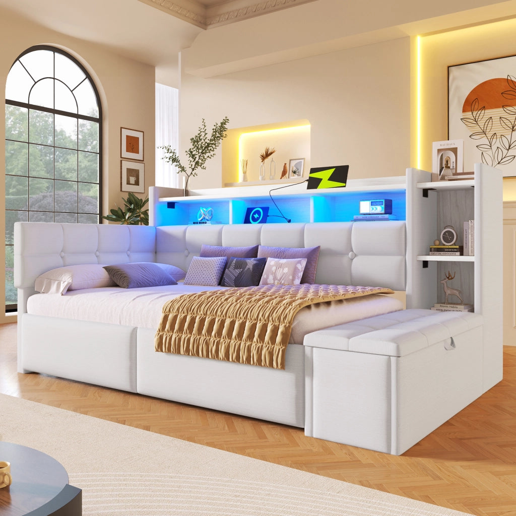 Letto a Divanetto 90 x 190 cm - 2 Cassetti, USB, Tipo C e LED Regolabile - Bianco