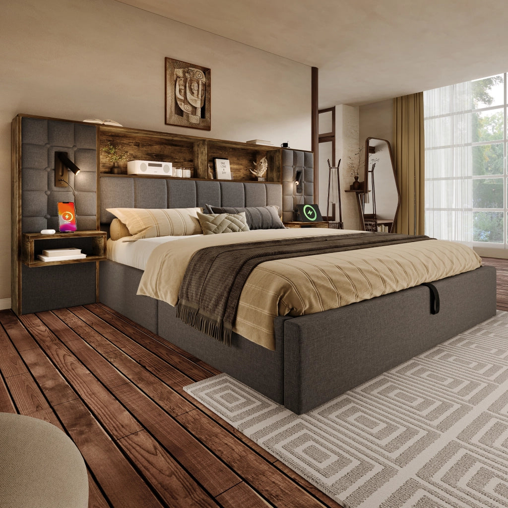 Letto imbottito 160x200 grigio con contenitore