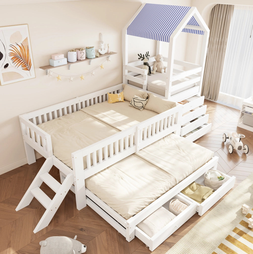 Letto a casetta per bambini bianco 90x200 cm con letto estraibile