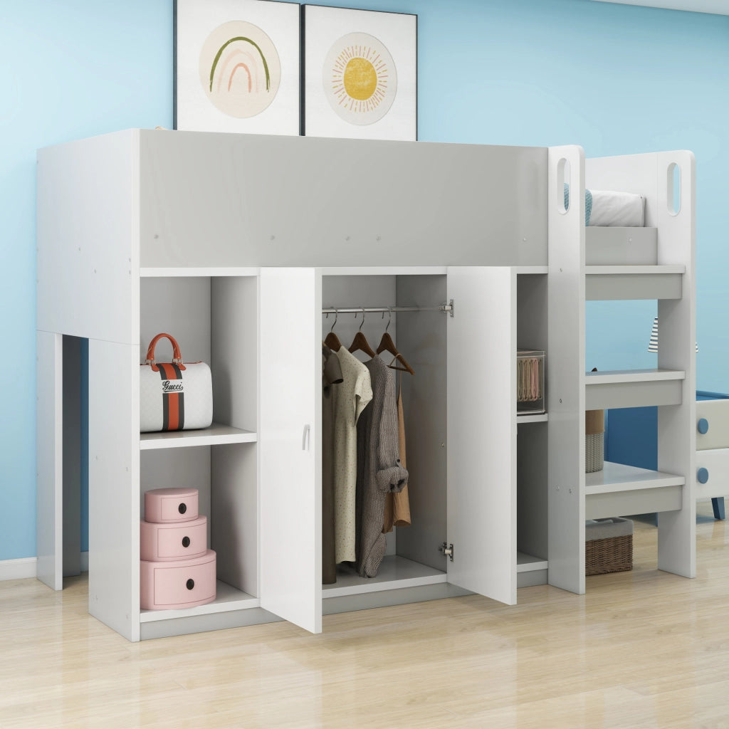 Letto a soppalco per bambini 90 × 200 cm con armadio e scaffali grigio in legno