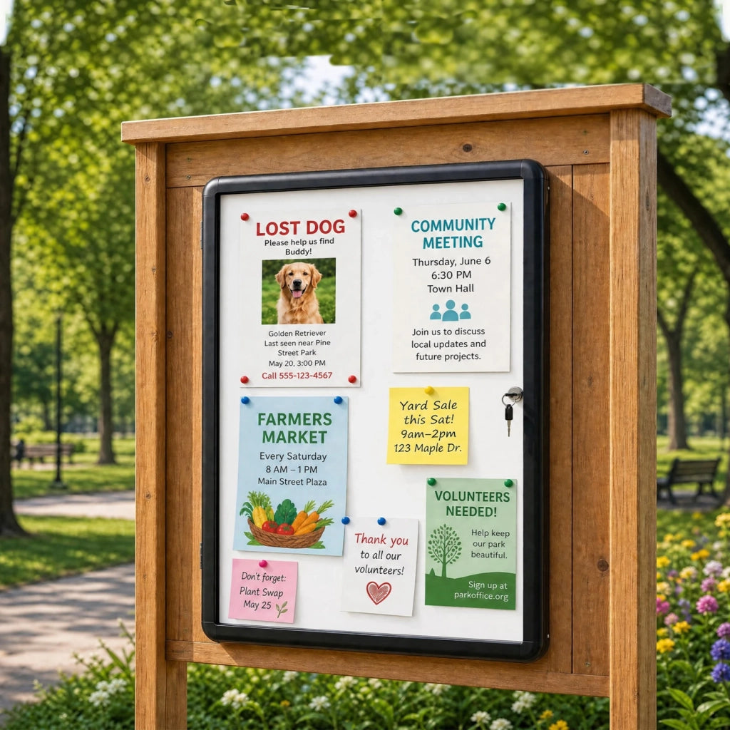 Lockable display case/information box with magnetic and writable back panel, 84 x 54 cm, black