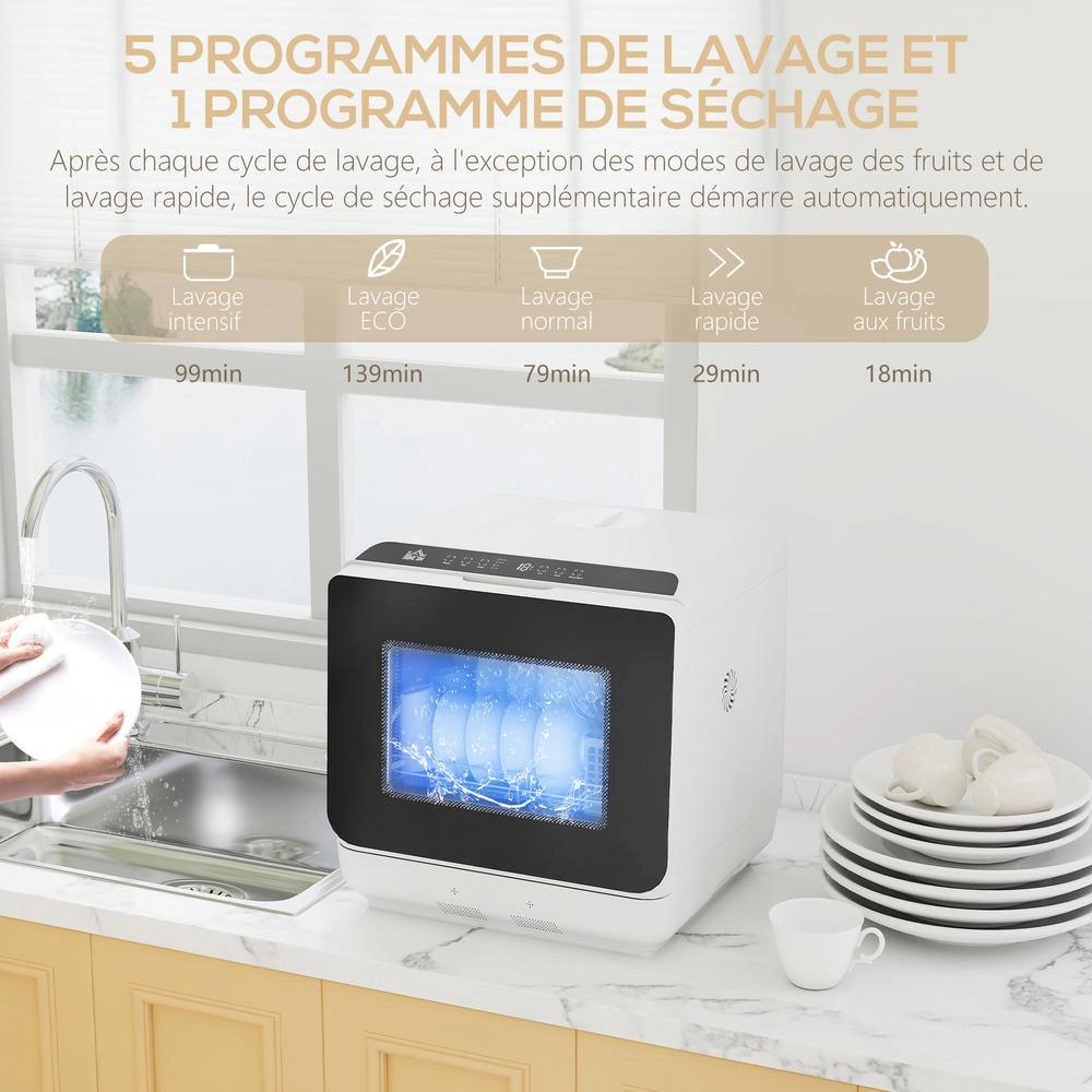 Mini lavastoviglie compatta da tavolo per 4 coperti, 6 programmi con serbatoio 6 L e comandi touch, bianco per cucina e ufficio