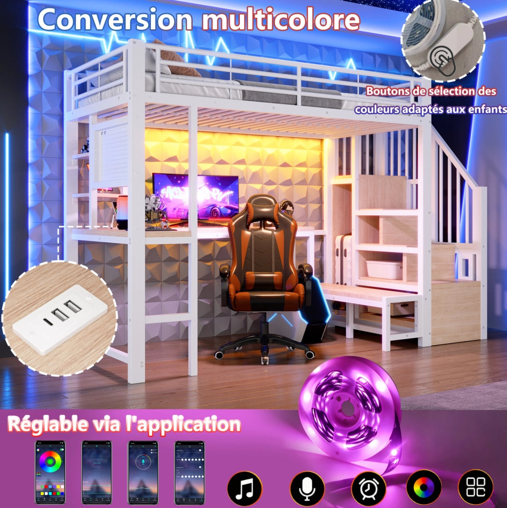 Letto a soppalco 90x200 cm con scrivania, LED e ricarica USB