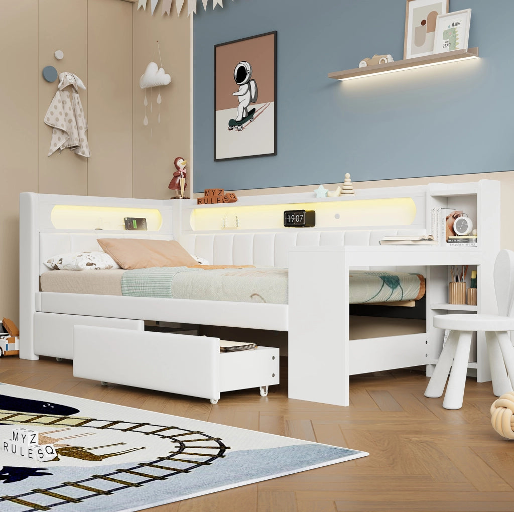 Letto singolo 90x200 cm con scrivania; 2 cassetti; LED e USB in MDF e compensato bianco