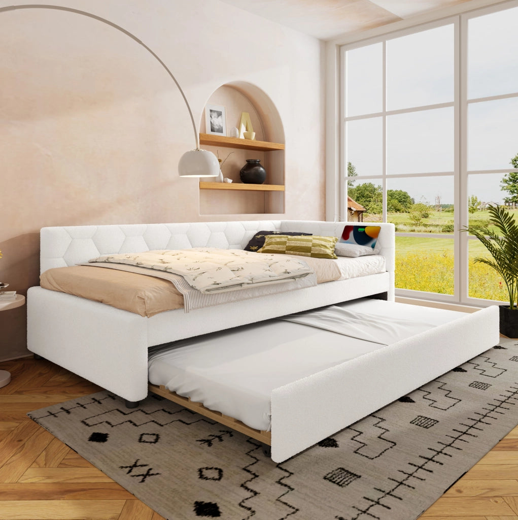 Letto daybed 90x200 cm con letto estraibile, USB, Type-C e lampada, bianco