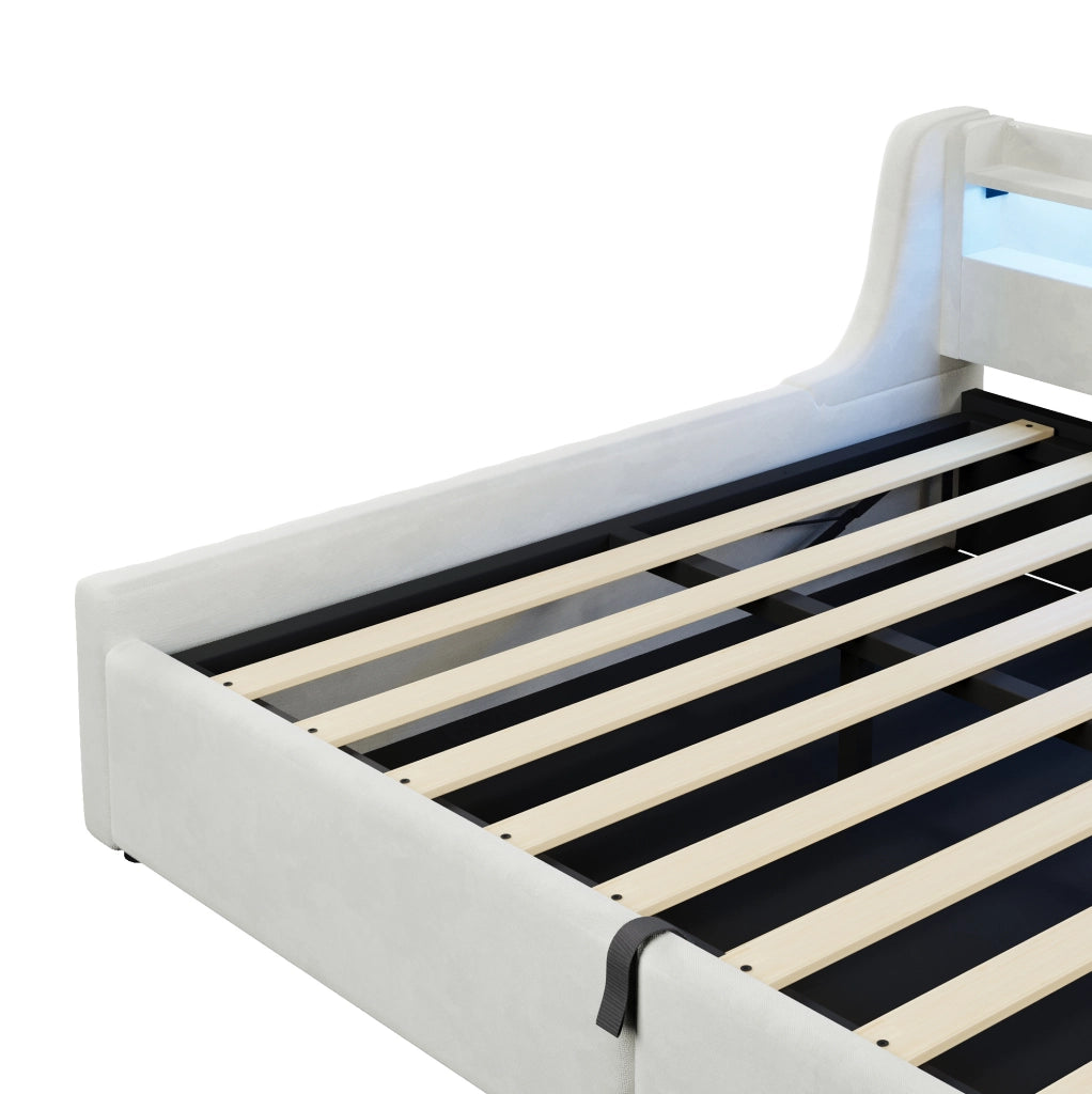 Letto imbottito 140x200 cm con contenitore idraulico e LED, bianco sporco