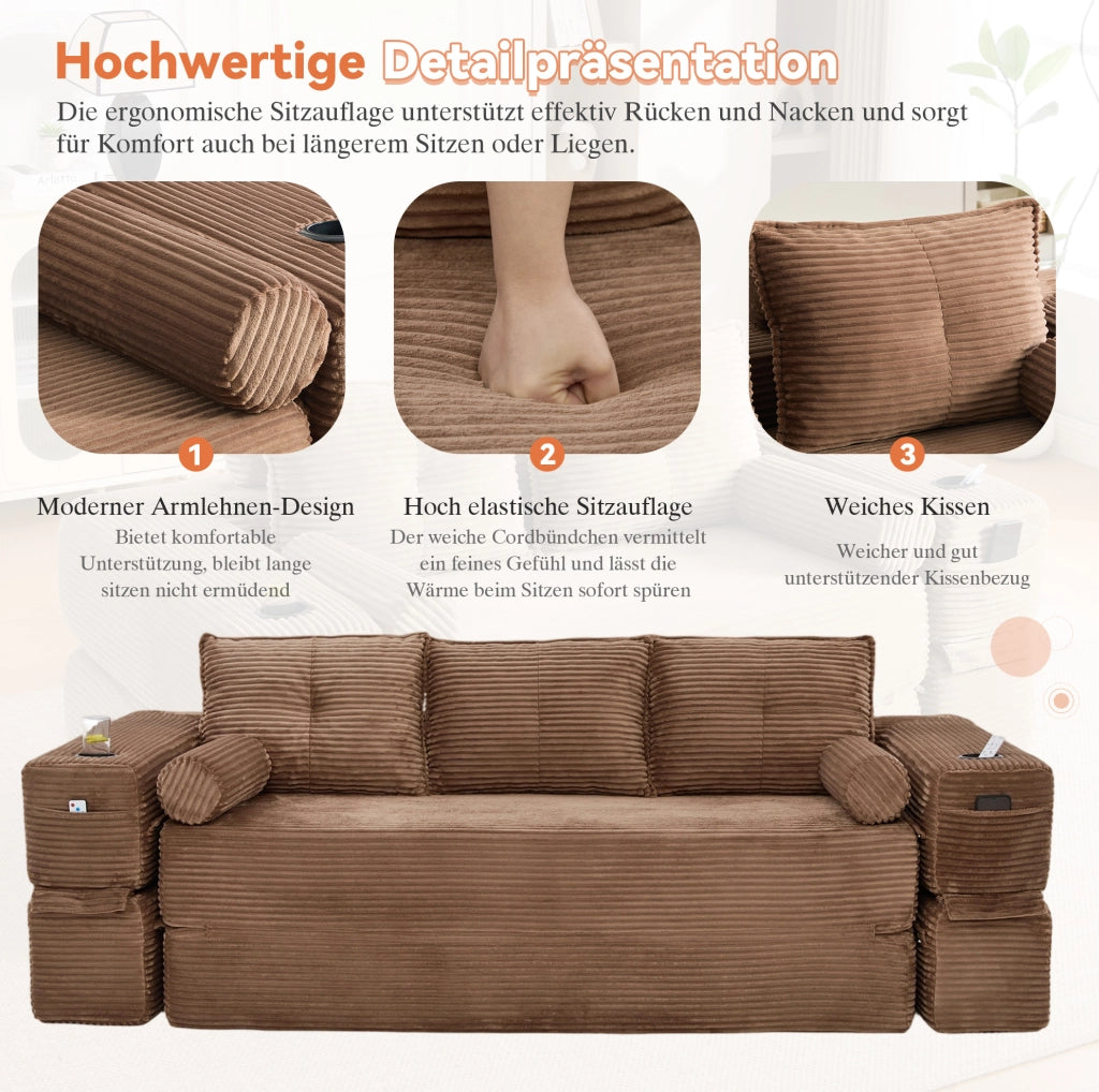 DIVANO letto 232x98x80 cm in velluto a coste marrone