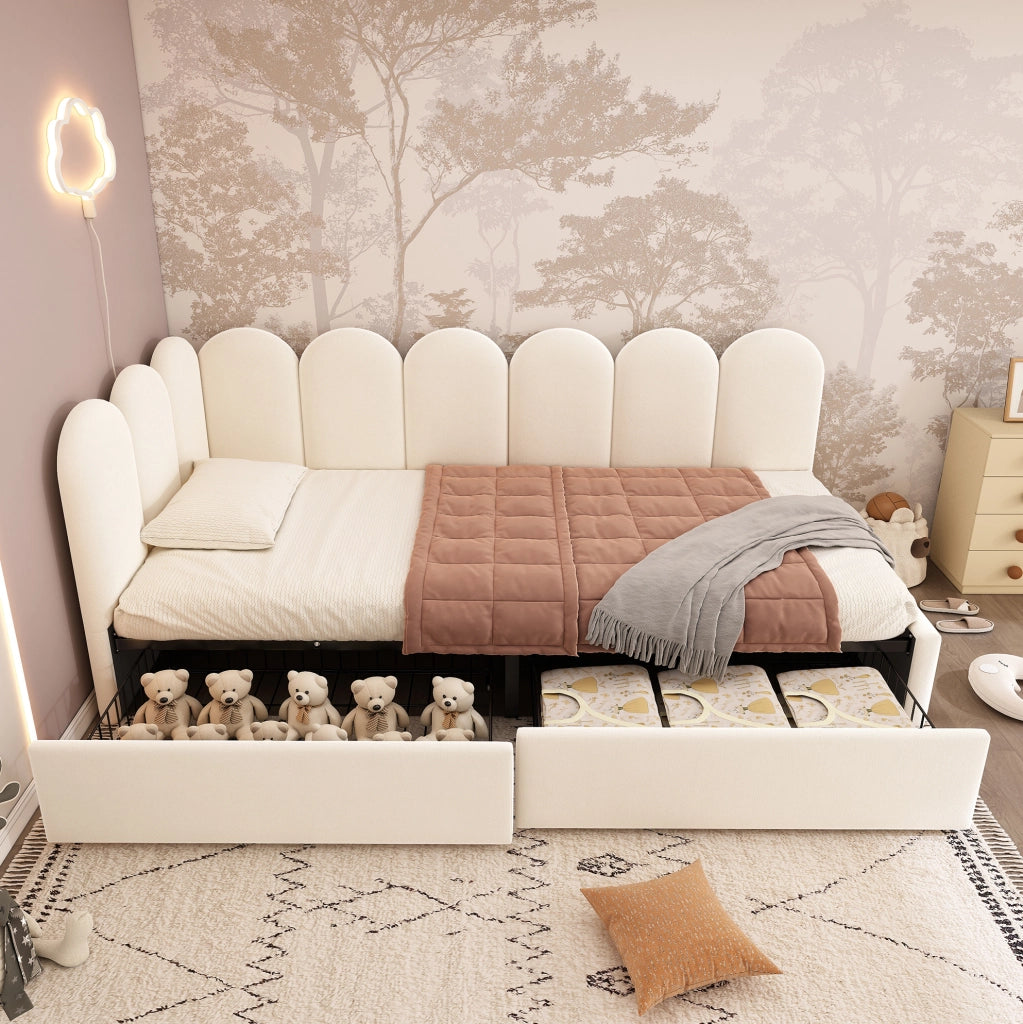 Letto singolo imbottito 90x190 cm in velluto beige con 2 cassetti e testiera