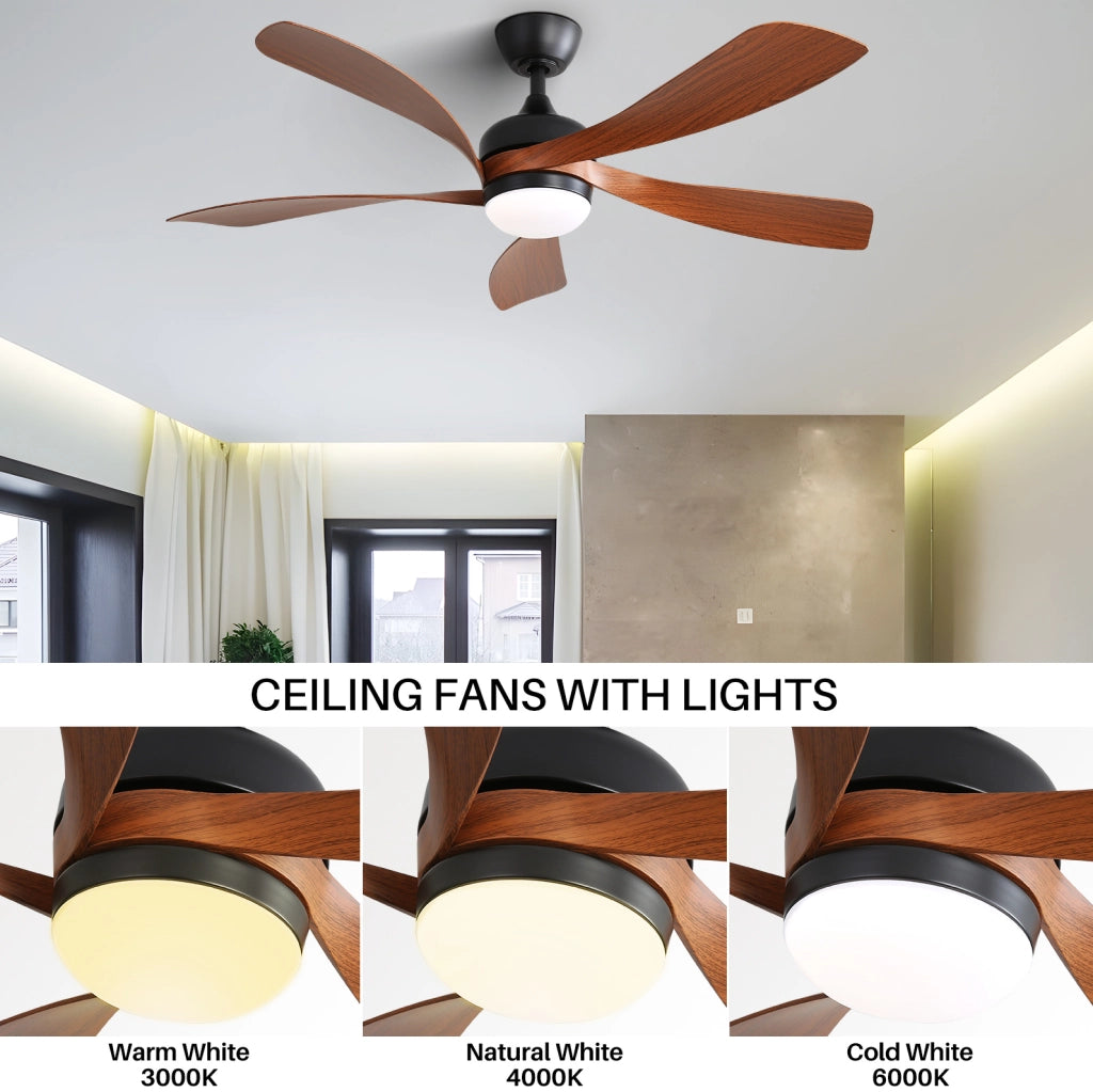 Ventilatore da soffitto 132 cm nero con LED 18 W; 5 pale in ABS e telecomando