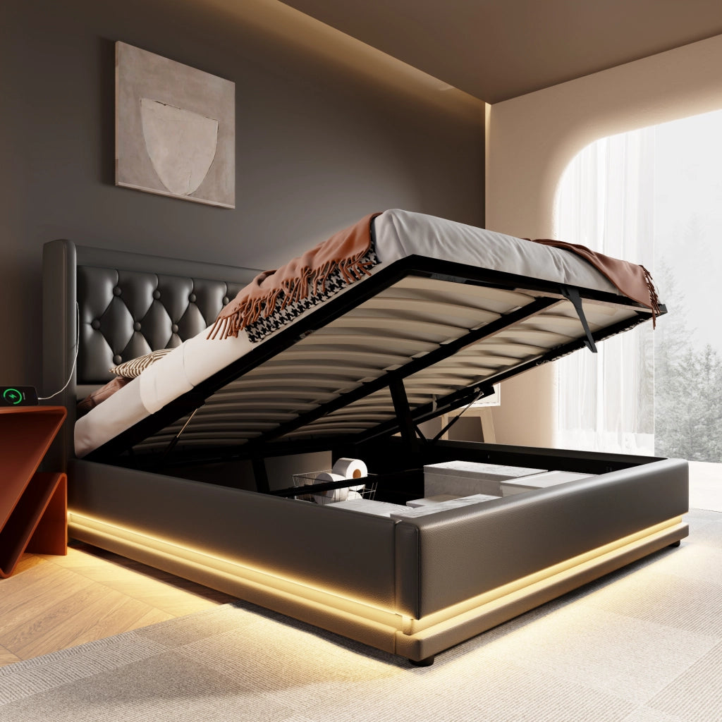 Letto contenitore matrimoniale 140x200 cm nero in PU