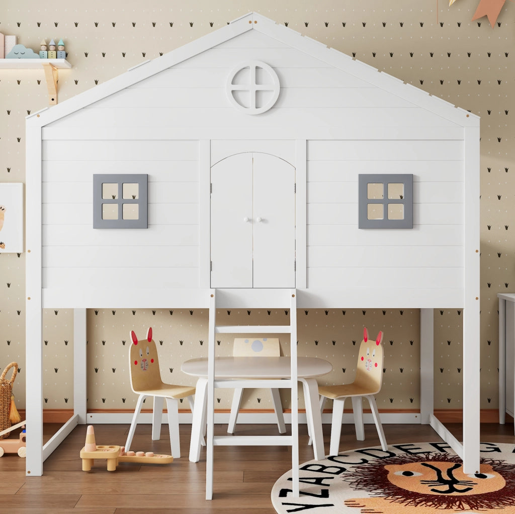 Letto a soppalco per bambini 90x200 cm con scala e protezione anticaduta; bianco e grigio