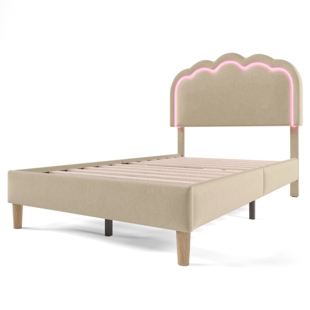 Letto singolo 90x190 cm imbottito beige con testiera LED regolabile