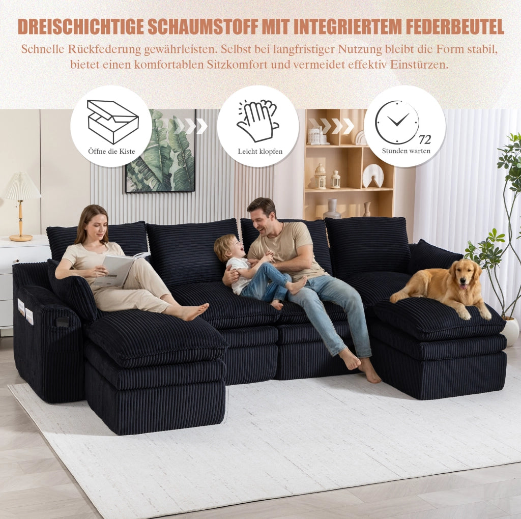Divano modulare ULEVR 335x167x85 cm in velluto a coste nero con tasche laterali e cuscini