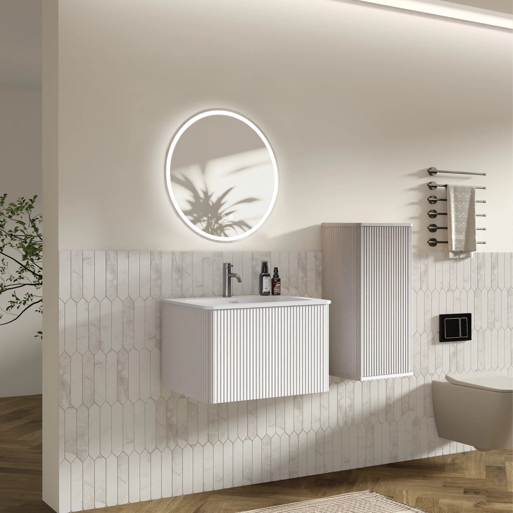 Mobile bagno sospeso con lavabo specchio LED e colonna laterale in vetro MDF compensato e solid surface bianco