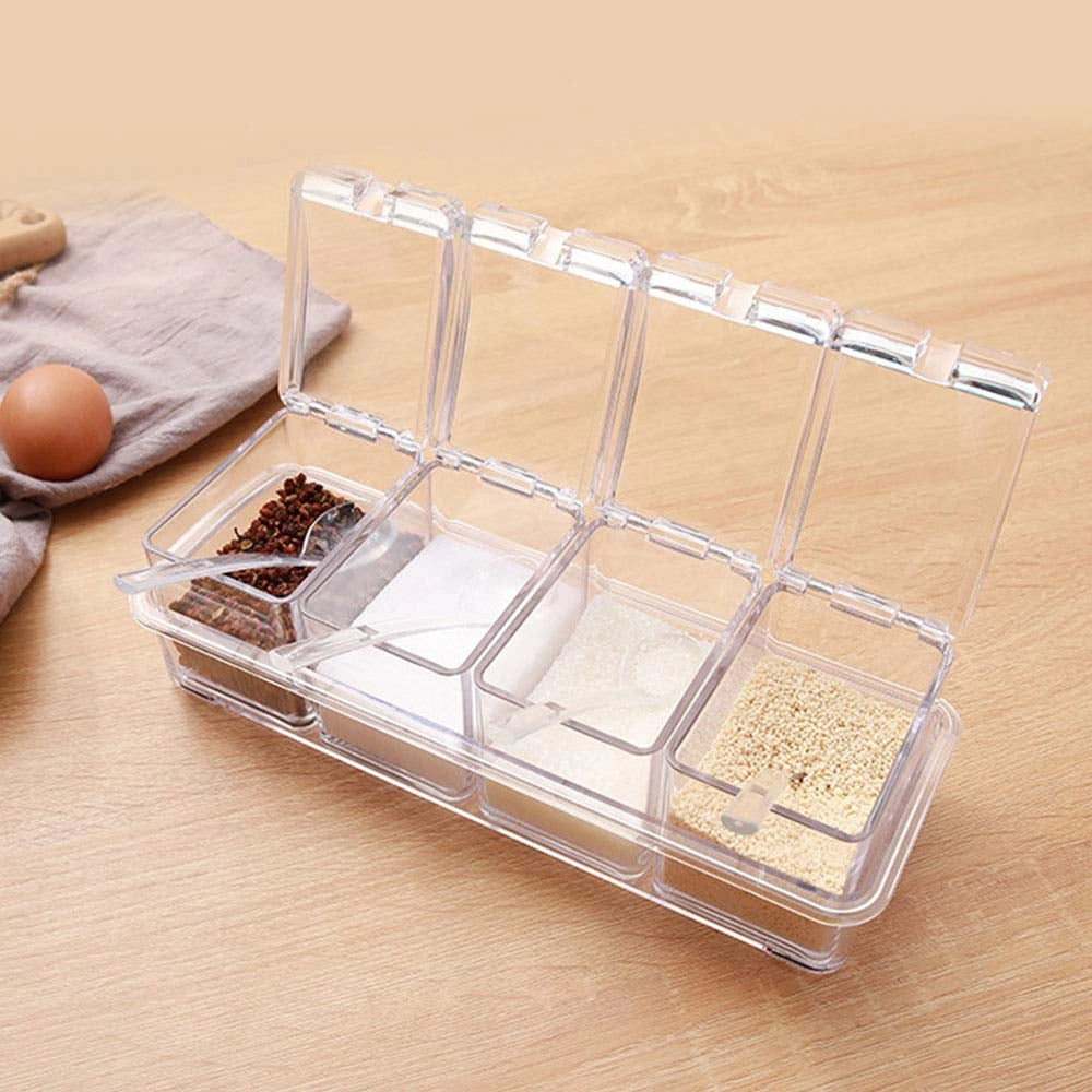 Set di 4 contenitori per spezie, trasparenti, in plastica PS, con cucchiaino