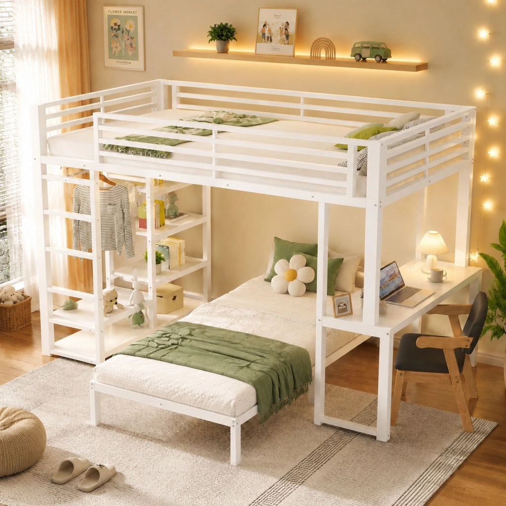 Letto a soppalco 90x200 cm con scrivania e ripiani