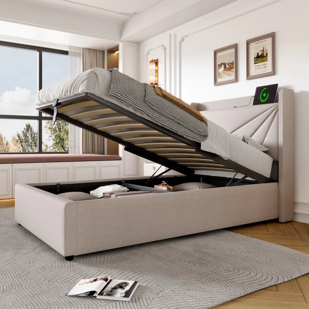 Letto singolo 90x200 con contenitore; testiera USB e Tipo C