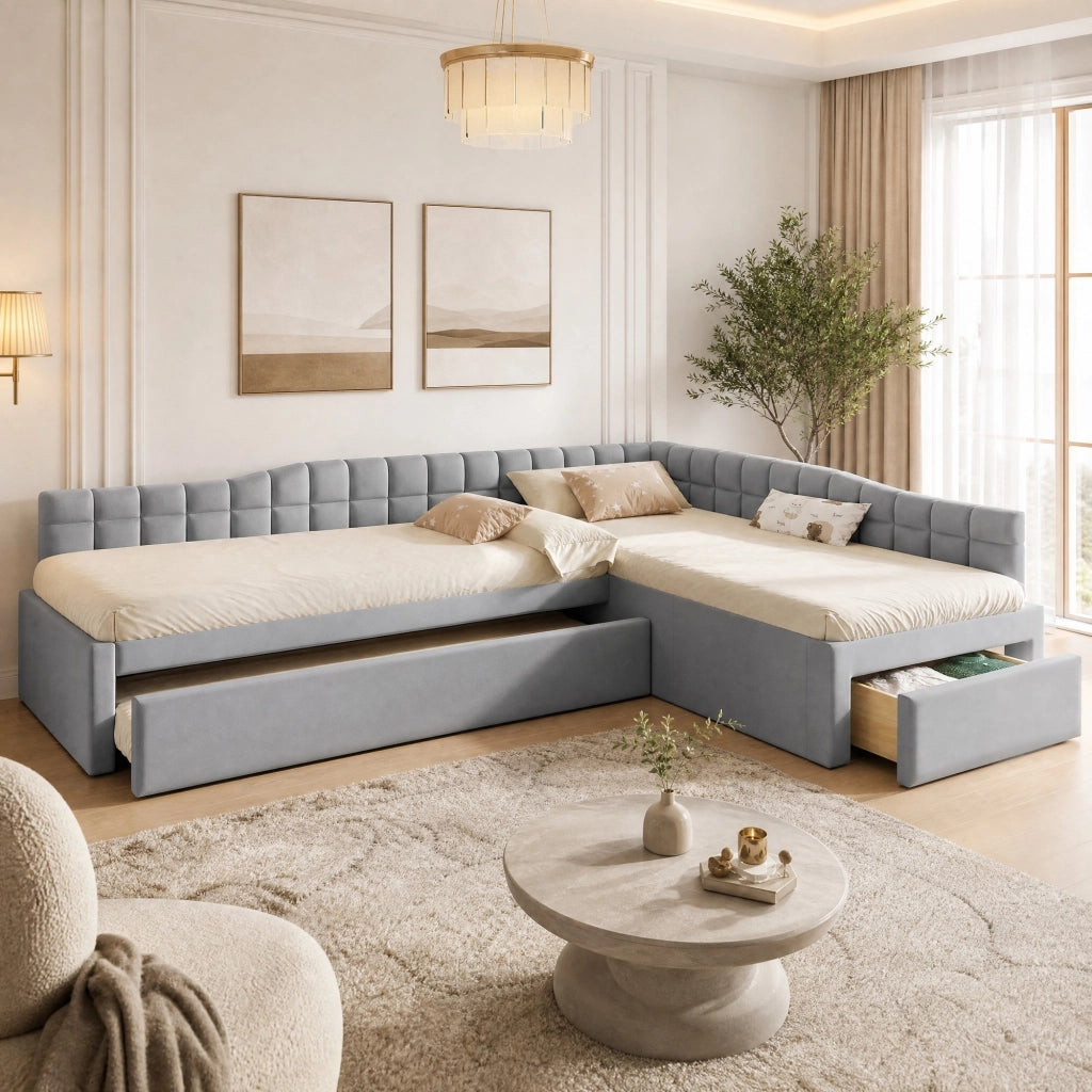 Letto angolare imbottito grigio con estraibile e cassetti 90x200 cm