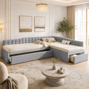 Letto angolare imbottito grigio con estraibile e cassetti 90x200 cm