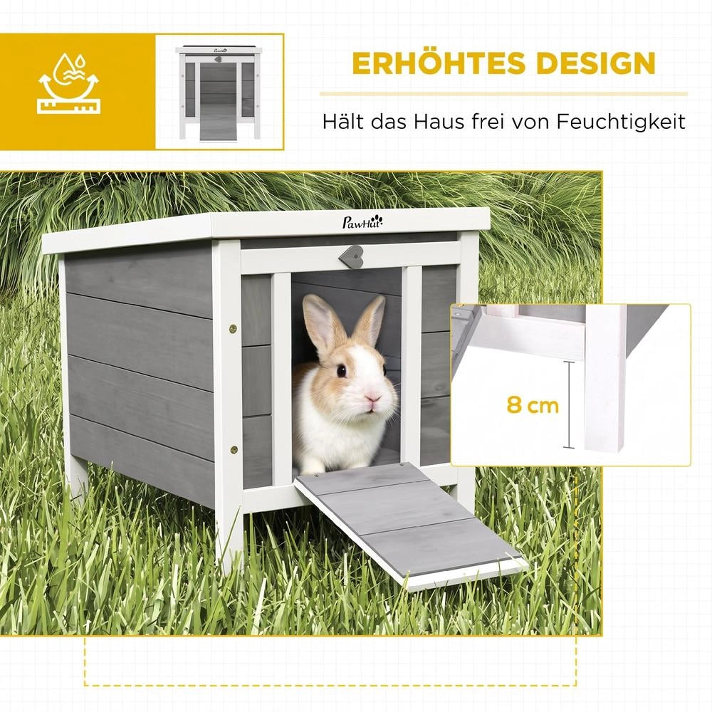 Casetta per piccoli animali in legno di abete grigio con rampa conigliera da giardino rialzata e resistente