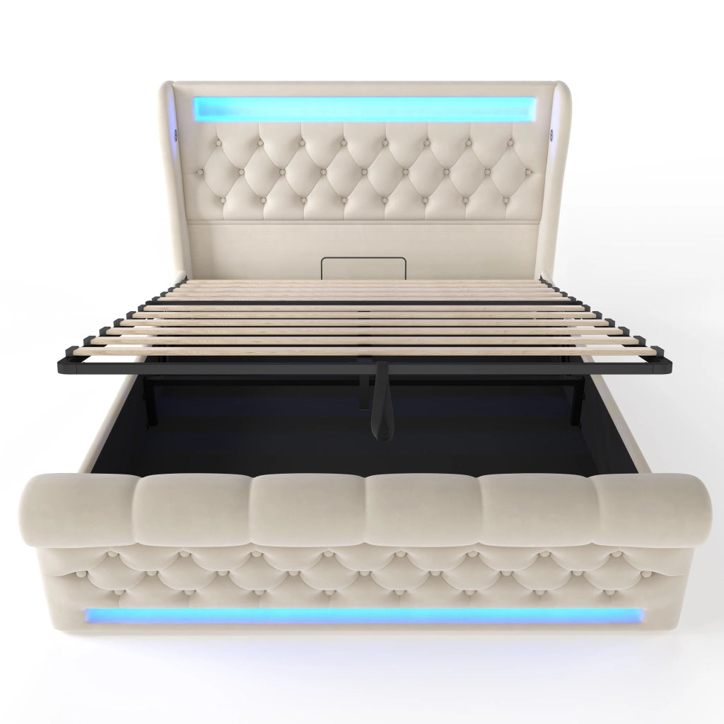 Letto matrimoniale contenitore 140x190 beige con luci LED